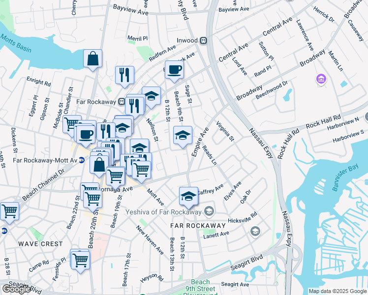 map of restaurants, bars, coffee shops, grocery stores, and more near 11-07 Beach 9th Street in Queens