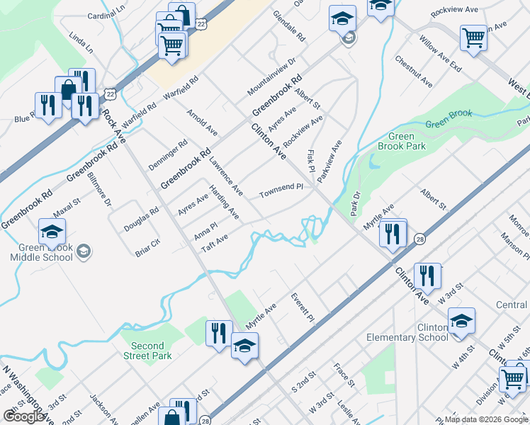 map of restaurants, bars, coffee shops, grocery stores, and more near 144 Lawrence Avenue in North Plainfield
