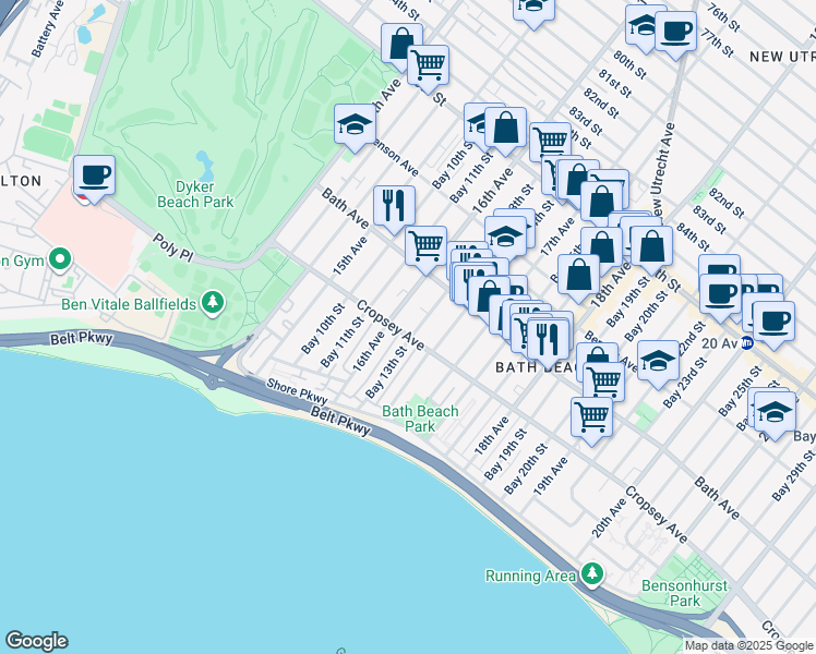 map of restaurants, bars, coffee shops, grocery stores, and more near 236 Bay 13th Street in Brooklyn