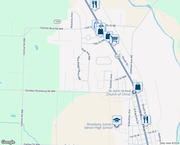 map of restaurants, bars, coffee shops, grocery stores, and more near 709 Dale Avenue Northwest in Strasburg