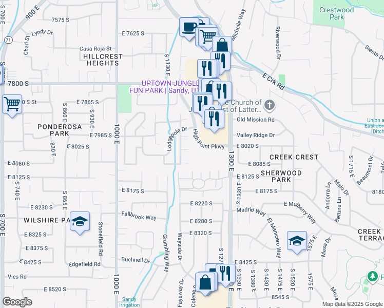 map of restaurants, bars, coffee shops, grocery stores, and more near 1226 Tierney Circle in Sandy