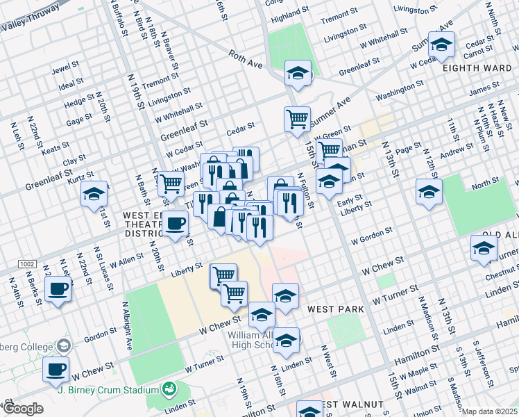 map of restaurants, bars, coffee shops, grocery stores, and more near 603 1/2 North 17th Street in Allentown