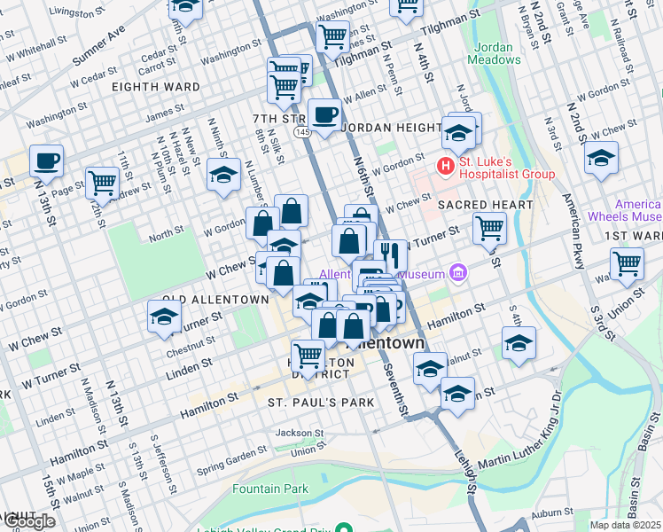 map of restaurants, bars, coffee shops, grocery stores, and more near 721 West Turner Street in Allentown