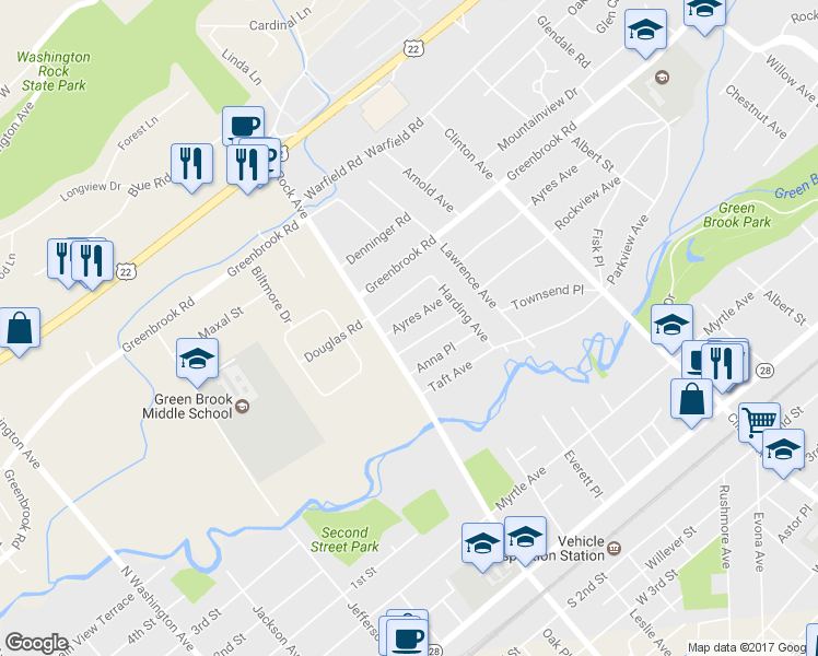 map of restaurants, bars, coffee shops, grocery stores, and more near 743 Ayres Avenue in North Plainfield