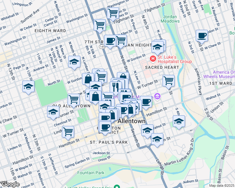 map of restaurants, bars, coffee shops, grocery stores, and more near 202 North 7th Street in Allentown