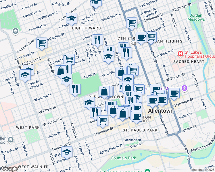 map of restaurants, bars, coffee shops, grocery stores, and more near 945 West Chew Street in Allentown