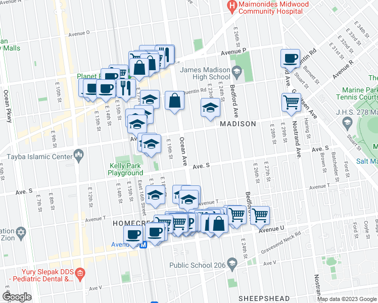 map of restaurants, bars, coffee shops, grocery stores, and more near 1960 East 21st Street in Brooklyn