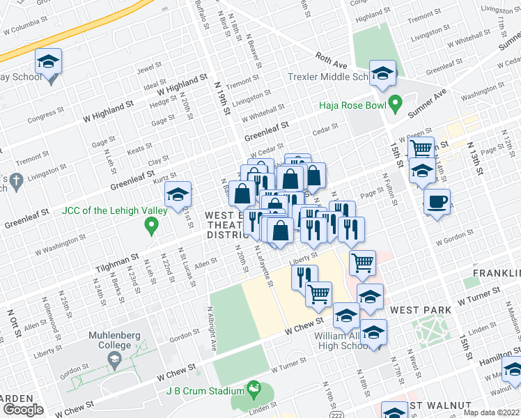 map of restaurants, bars, coffee shops, grocery stores, and more near 1901 Tilghman Street in Allentown