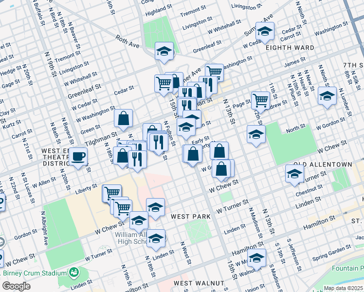 map of restaurants, bars, coffee shops, grocery stores, and more near 1509 Early Street in Allentown