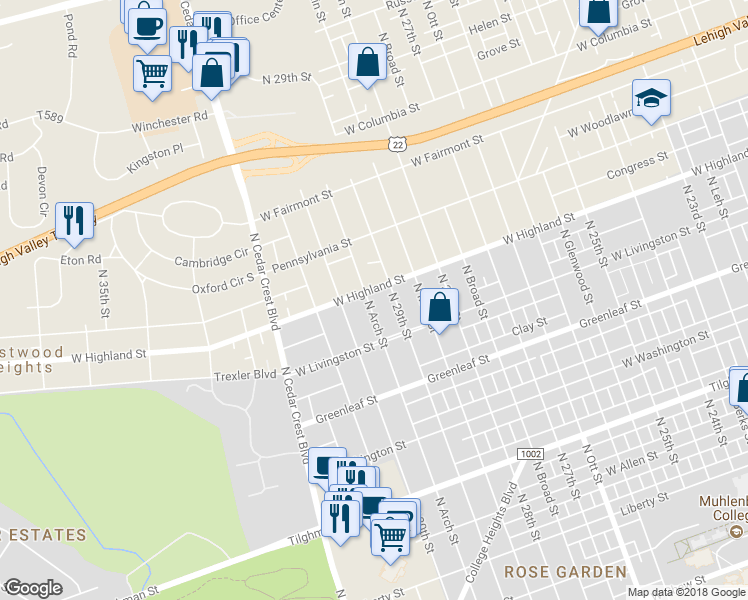 map of restaurants, bars, coffee shops, grocery stores, and more near 1041 North Arch Street in Allentown