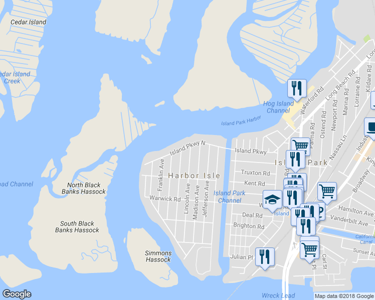 map of restaurants, bars, coffee shops, grocery stores, and more near 289 Lincoln Avenue in Island Park