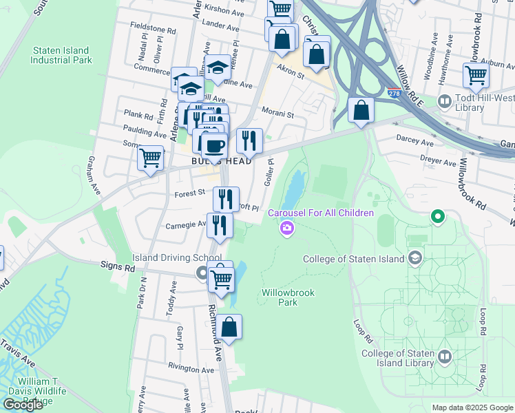 map of restaurants, bars, coffee shops, grocery stores, and more near 102 Goller Place in Staten Island