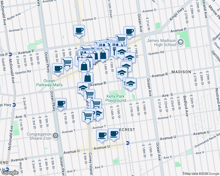 map of restaurants, bars, coffee shops, grocery stores, and more near 1823 East 14th Street in Brooklyn