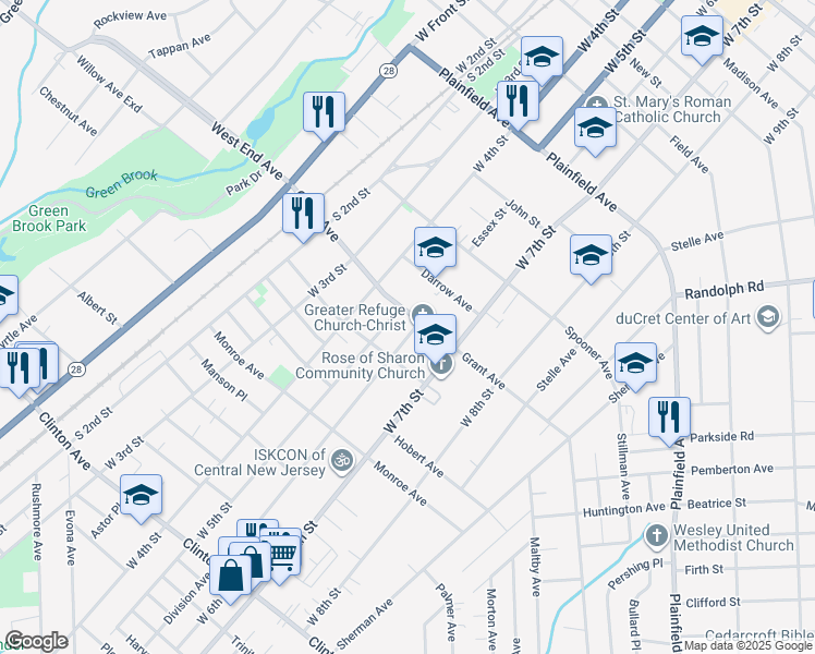 map of restaurants, bars, coffee shops, grocery stores, and more near 508 Grant Avenue in Plainfield