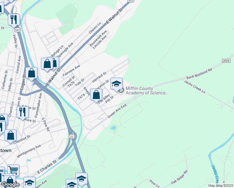 map of restaurants, bars, coffee shops, grocery stores, and more near 700 Pitt Street in Lewistown