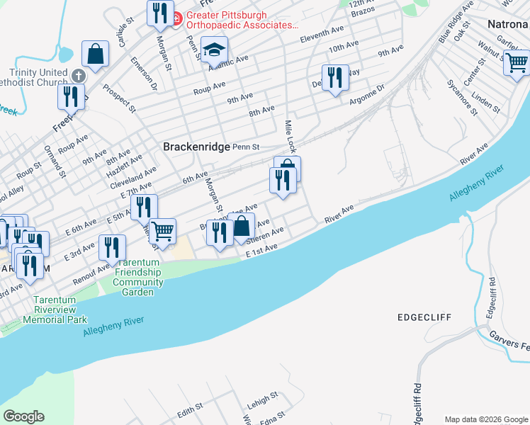 map of restaurants, bars, coffee shops, grocery stores, and more near 1056 Hathaway Street in Brackenridge