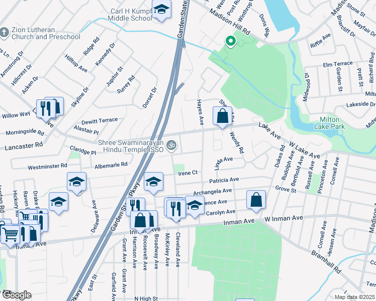 map of restaurants, bars, coffee shops, grocery stores, and more near 208 Temple Way in Woodbridge Township