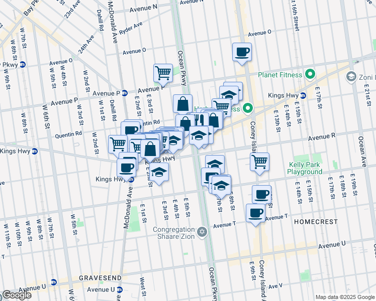 map of restaurants, bars, coffee shops, grocery stores, and more near 1800 Ocean Parkway in Brooklyn
