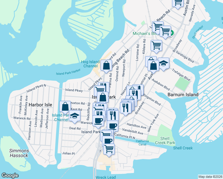 map of restaurants, bars, coffee shops, grocery stores, and more near 77 Parma Road in Island Park