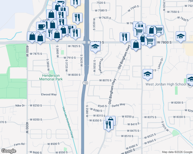 map of restaurants, bars, coffee shops, grocery stores, and more near 3516 West 8070 South in West Jordan