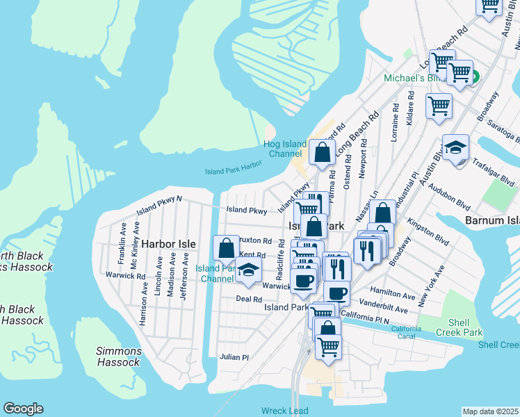 map of restaurants, bars, coffee shops, grocery stores, and more near 80 Island Parkway in Island Park