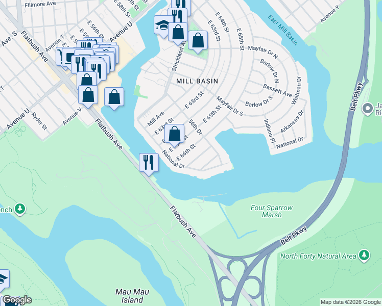 map of restaurants, bars, coffee shops, grocery stores, and more near 2759 East 66th Street in Brooklyn