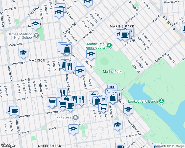 map of restaurants, bars, coffee shops, grocery stores, and more near 2010 Stuart Street in Brooklyn
