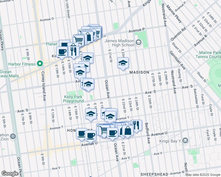 map of restaurants, bars, coffee shops, grocery stores, and more near 1960 East 21st Street in Brooklyn