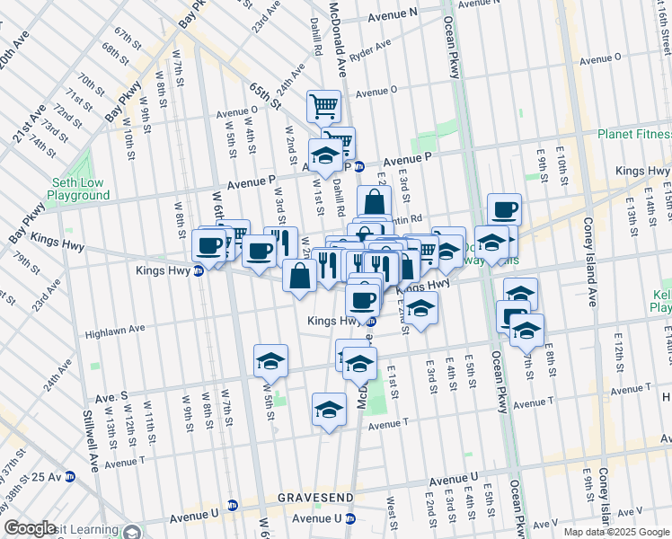 map of restaurants, bars, coffee shops, grocery stores, and more near 1763 West 1st Street in Brooklyn