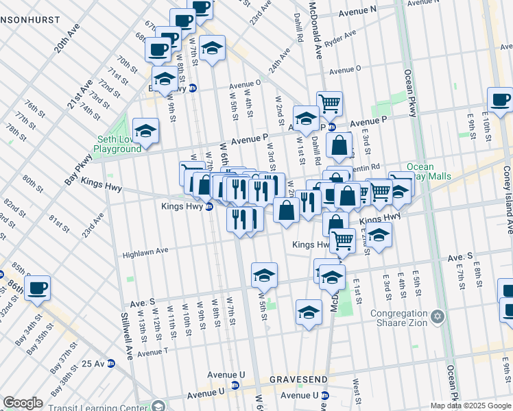 map of restaurants, bars, coffee shops, grocery stores, and more near 355 Kings Highway in Brooklyn