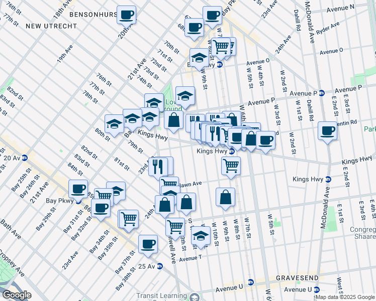 map of restaurants, bars, coffee shops, grocery stores, and more near 58 Quentin Road in Brooklyn
