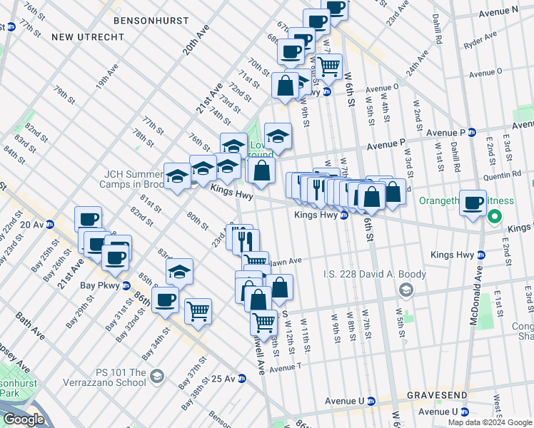 map of restaurants, bars, coffee shops, grocery stores, and more near 58 Quentin Road in Brooklyn