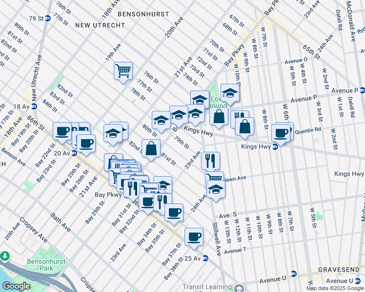 map of restaurants, bars, coffee shops, grocery stores, and more near 2239 80th Street in Brooklyn