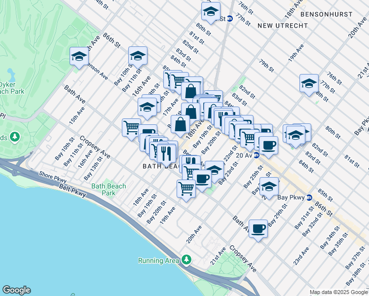 map of restaurants, bars, coffee shops, grocery stores, and more near 102 Bay 19th Street in Brooklyn