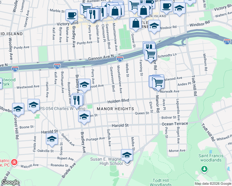 map of restaurants, bars, coffee shops, grocery stores, and more near 284 Gansevoort Boulevard in Staten Island