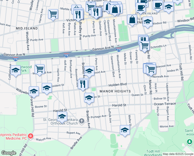 map of restaurants, bars, coffee shops, grocery stores, and more near 28 Graves Street in Staten Island