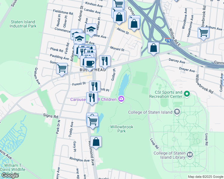 map of restaurants, bars, coffee shops, grocery stores, and more near 102 Goller Place in Staten Island