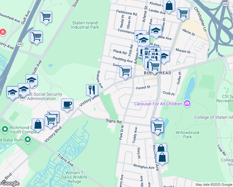 map of restaurants, bars, coffee shops, grocery stores, and more near 155 Dawson Circle in Staten Island