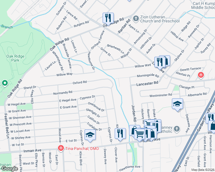 map of restaurants, bars, coffee shops, grocery stores, and more near 2 Normandy Road in Woodbridge Township