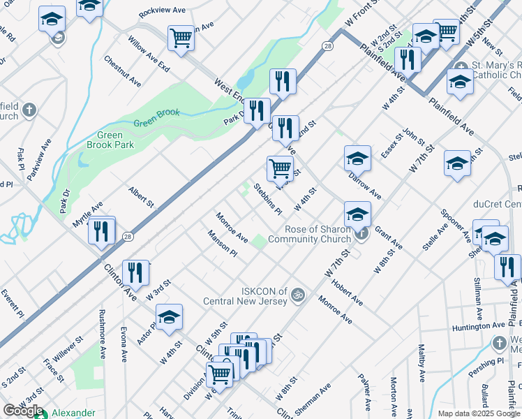 map of restaurants, bars, coffee shops, grocery stores, and more near 927 West 3rd Street in Plainfield
