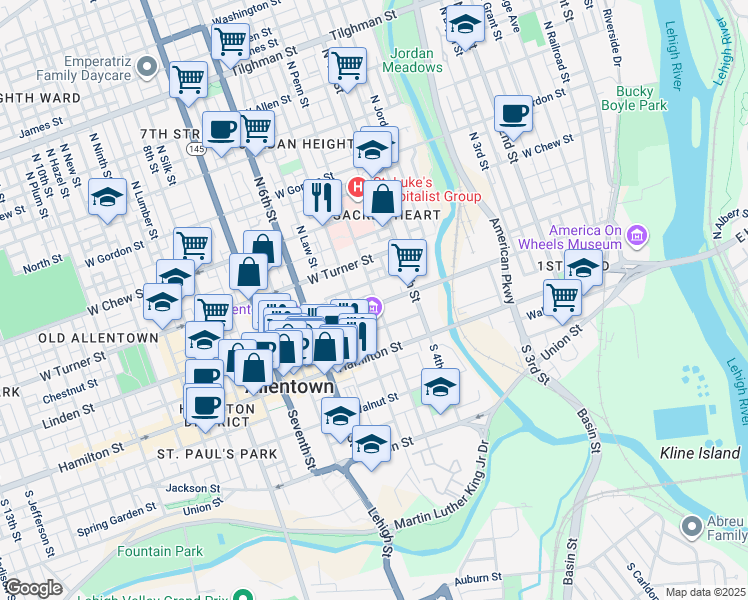 map of restaurants, bars, coffee shops, grocery stores, and more near 453 Linden Street in Allentown