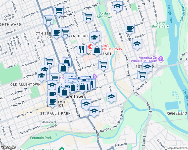 map of restaurants, bars, coffee shops, grocery stores, and more near 453 Linden Street in Allentown