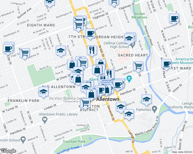 map of restaurants, bars, coffee shops, grocery stores, and more near 721 West Turner Street in Allentown