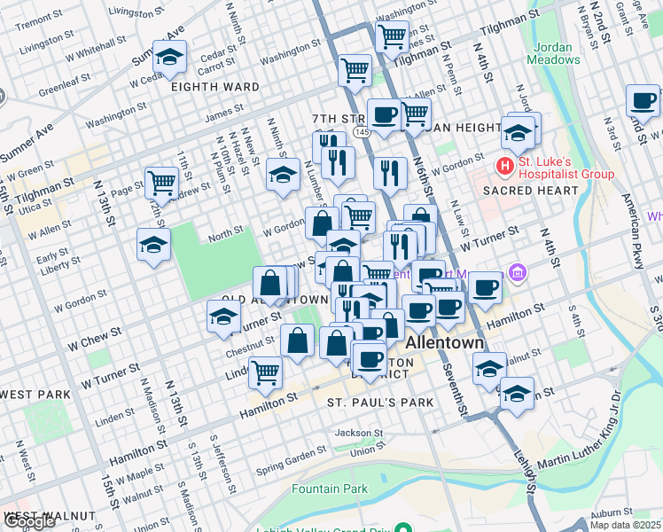 map of restaurants, bars, coffee shops, grocery stores, and more near 235 North Ninth Street in Allentown