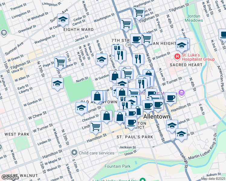 map of restaurants, bars, coffee shops, grocery stores, and more near 235 North Ninth Street in Allentown