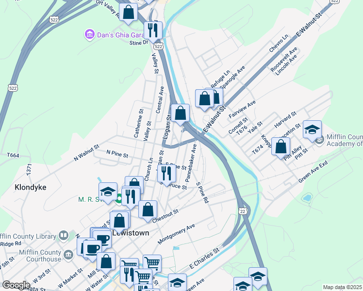 map of restaurants, bars, coffee shops, grocery stores, and more near 208 South Walnut Street in Lewistown