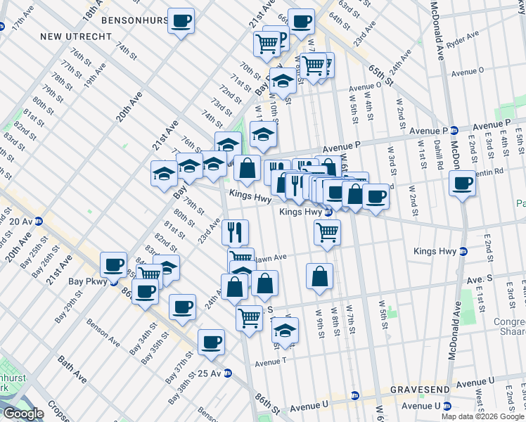 map of restaurants, bars, coffee shops, grocery stores, and more near 58 Quentin Road in Brooklyn
