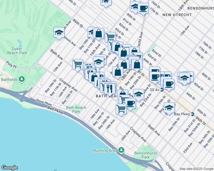 map of restaurants, bars, coffee shops, grocery stores, and more near 132 Bay 17th Street in Brooklyn