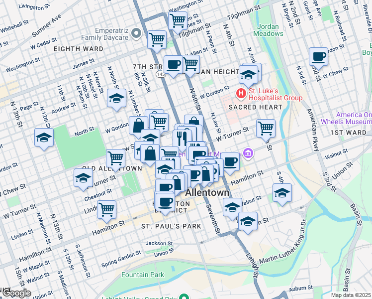 map of restaurants, bars, coffee shops, grocery stores, and more near 202 North 7th Street in Allentown