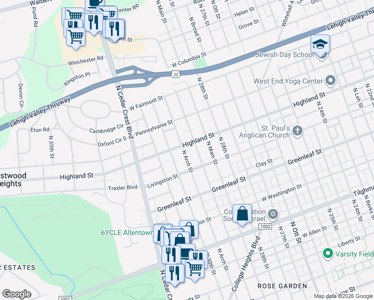 map of restaurants, bars, coffee shops, grocery stores, and more near 1030 North 29th Street in Allentown